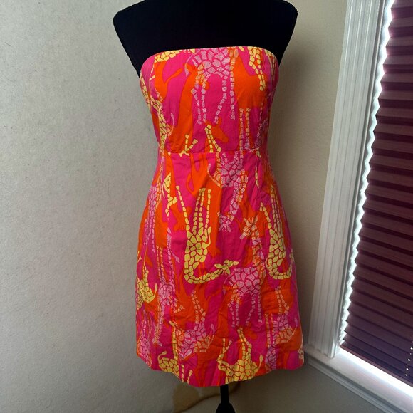 Lilly Pulitzer Dress Womens 4 Giraffe Print Pink Yellow Orange mini strapless - Picture 1 of 8